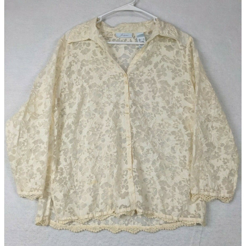 Jh Collectibles Womens Transparent Floral Long Sleeve Button Shirt Size L Rayon